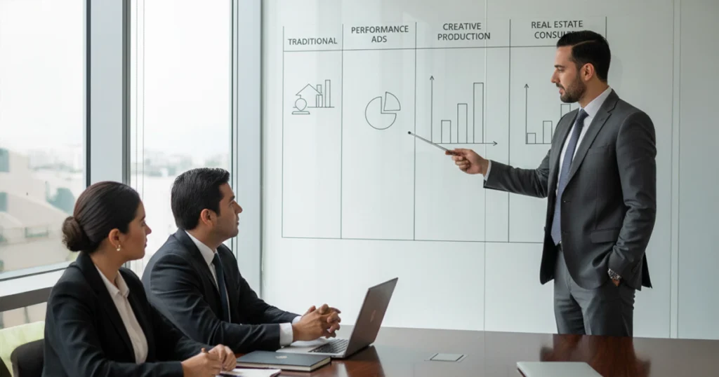 Consultor explicando a un equipo inmobiliario los tipos de agencias de marketing (tradicional, performance, creativa y consultoría) para elegir la mejor en 2026.