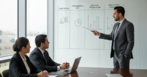 Consultor explicando a un equipo inmobiliario los tipos de agencias de marketing (tradicional, performance, creativa y consultoría) para elegir la mejor en 2026.