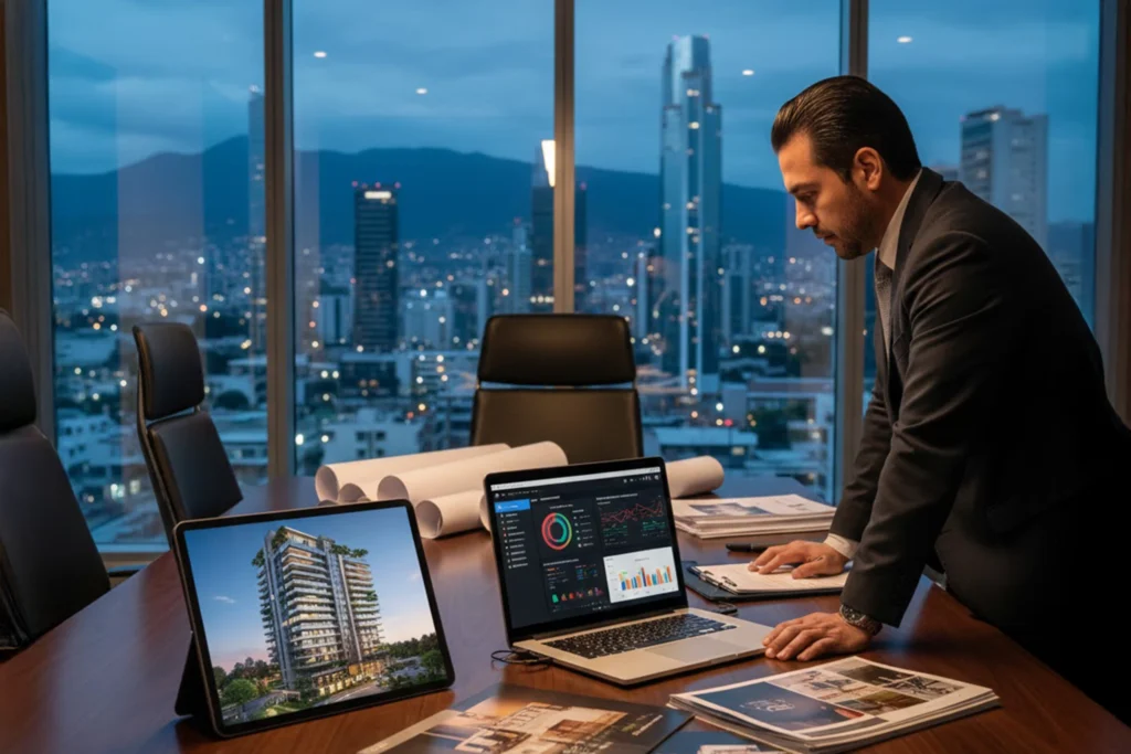 Consultor de marketing inmobiliario en una oficina en México revisando dashboards de campañas y renders de un desarrollo