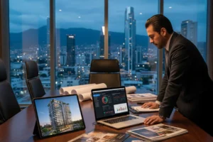 Consultor de marketing inmobiliario en una oficina en México revisando dashboards de campañas y renders de un desarrollo