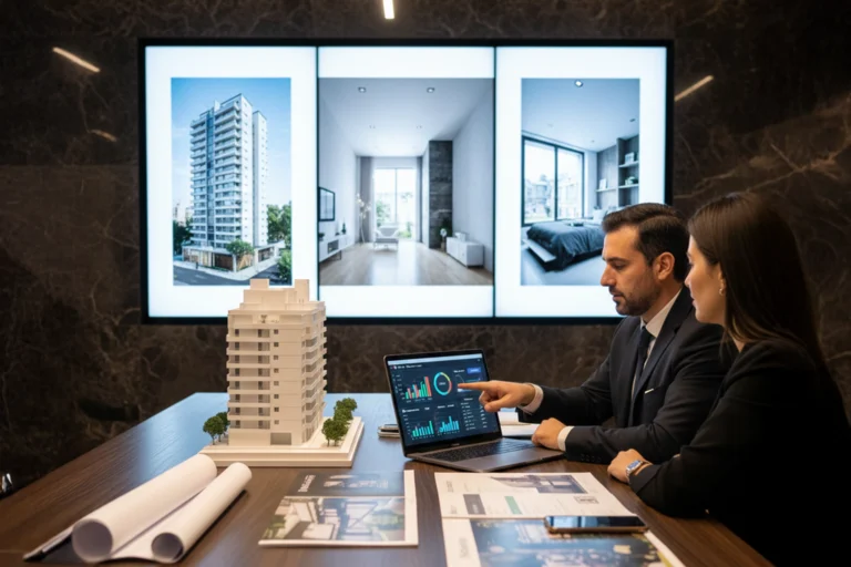 Asesor y clienta revisando un embudo de marketing inmobiliario con métricas en laptop, maquetas y renders de proyecto en preventa.