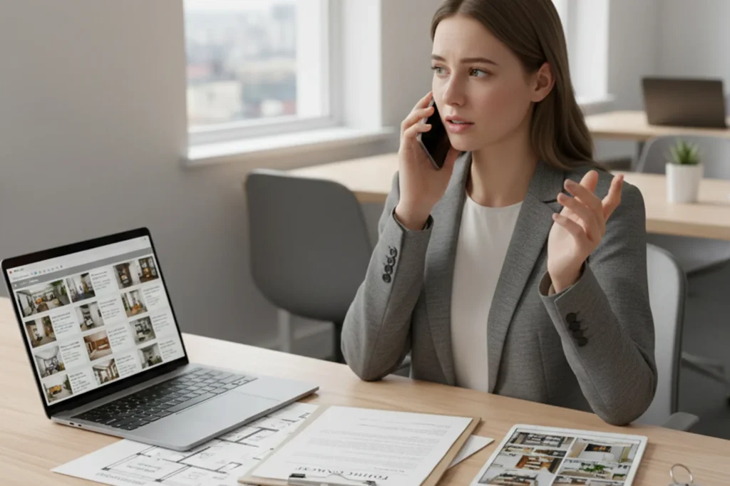 Asesora inmobiliaria revisando documentos y propiedades mientras atiende una consulta de cliente para convertir leads en ventas.