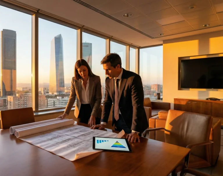 Consultores de Trichter Consulting revisando estrategias digitales en una oficina corporativa con vista a las Cuatro Torres Business Area de Madrid. Agencia líder en marketing inmobiliario e inteligencia artificial en España.