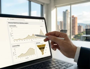Primer plano de una pantalla de laptop mostrando un dashboard de métricas de marketing digital inmobiliario, con gráficos de generación de leads y conversión. Se ve el logo de Trichter Consulting y un fondo de oficina moderna en Colombia. Consultoría especializada en IA y funnels inmobiliarios.