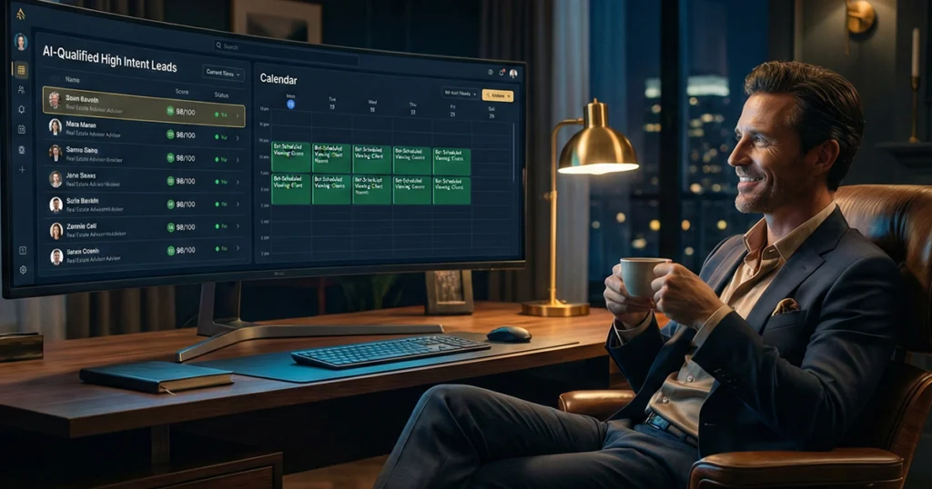 Fotografía de un asesor inmobiliario satisfecho en su oficina de lujo de noche, observando un monitor grande que muestra cómo la IA ha calificado leads y agendado citas automáticamente, solucionando problemas operativos.