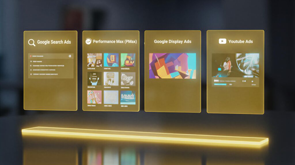 Vista holográfica de cuatro tarjetas de campañas digitales (Search, PMax, Display, YouTube) en tonos dorados, representando una estrategia de marketing inmobiliario de alto rendimiento.