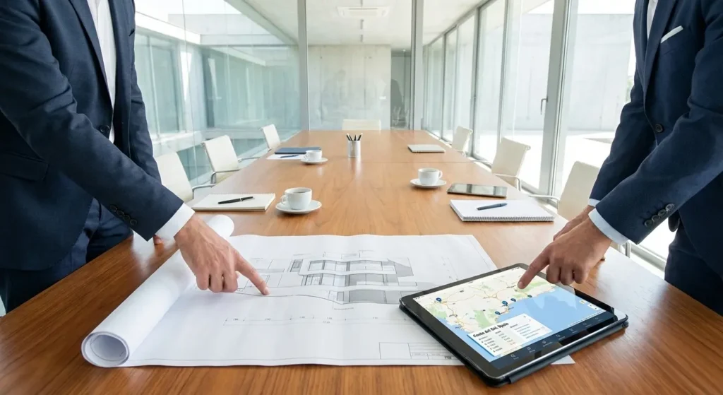Consultores analizando planos arquitectónicos y mapas de inversión en una mesa de reuniones moderna. Planificación estratégica de marketing inmobiliario para promotoras en España (Madrid/Costa del Sol).