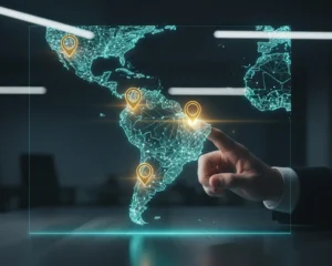 Proyección holográfica de un mapa de América Latina con pines dorados de alta tecnología, señalando oportunidades clave de inversión inmobiliaria.