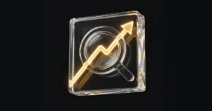 Ilustración 3D minimalista de una lente de búsqueda de cristal líquido de la que emerge una flecha de oro ascendente, simbolizando el posicionamiento SEO premium y el crecimiento sin usar texto.