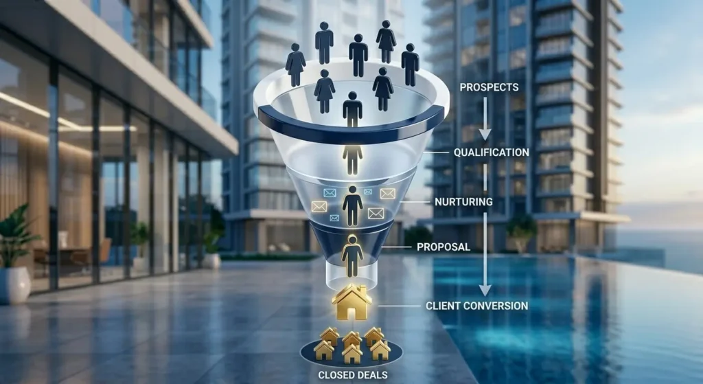 Proceso de conversión de prospectos a clientes en el sector inmobiliario.