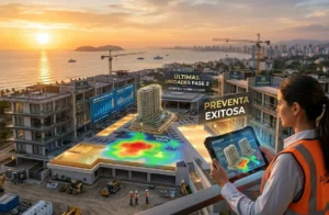 Vista hiperrealista de una obra inmobiliaria en la costa de Perú donde se utiliza una tableta con realidad aumentada para visualizar datos de compradores potenciales y métricas de preventa exitosa sobre la estructura en construcción.